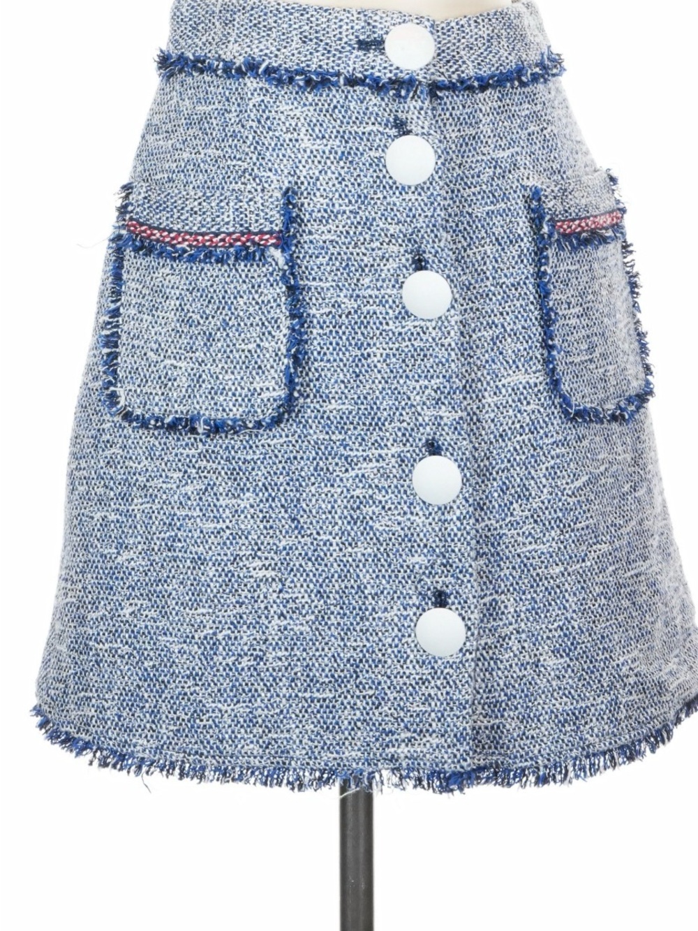 Zara Blue and White Tweed Skirt with Fringe Detail